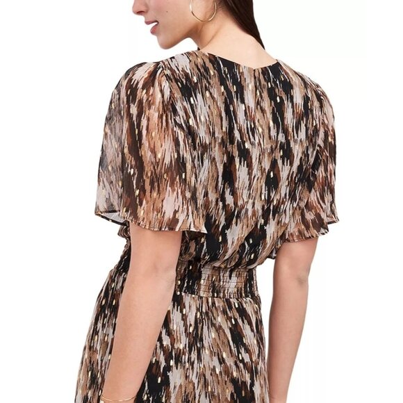 MSK Womens Wide Leg Smocked Jumpsuit Short Sleeve Pinstripe Brown Size Medium - Picture 3 of 5